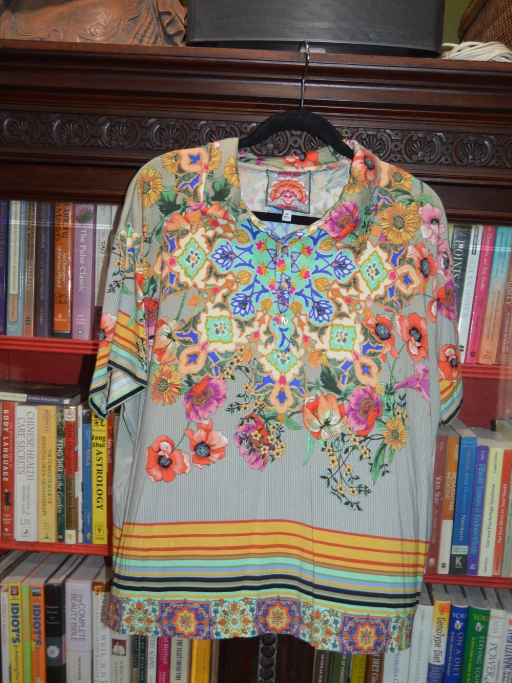 Johnny Was Light Gray Floral Mosaic Tunic with Orange and Yellow Accents
